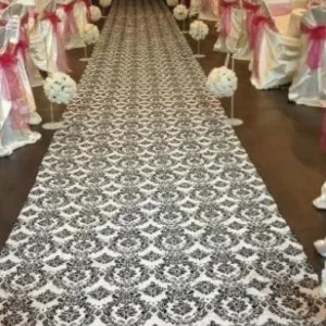 Online Tablecloth Market 100 ft Flocking Damask Taffeta Wedding Aisle Runner Black White Flocked Fabric"