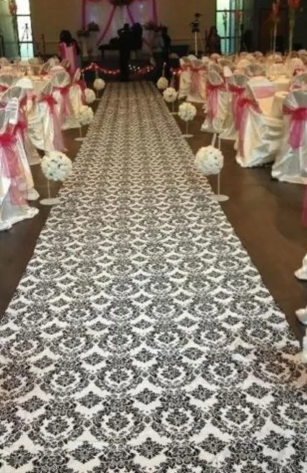 Online Tablecloth Market 100 ft Flocking Damask Taffeta Wedding Aisle Runner Black White Flocked Fabric"