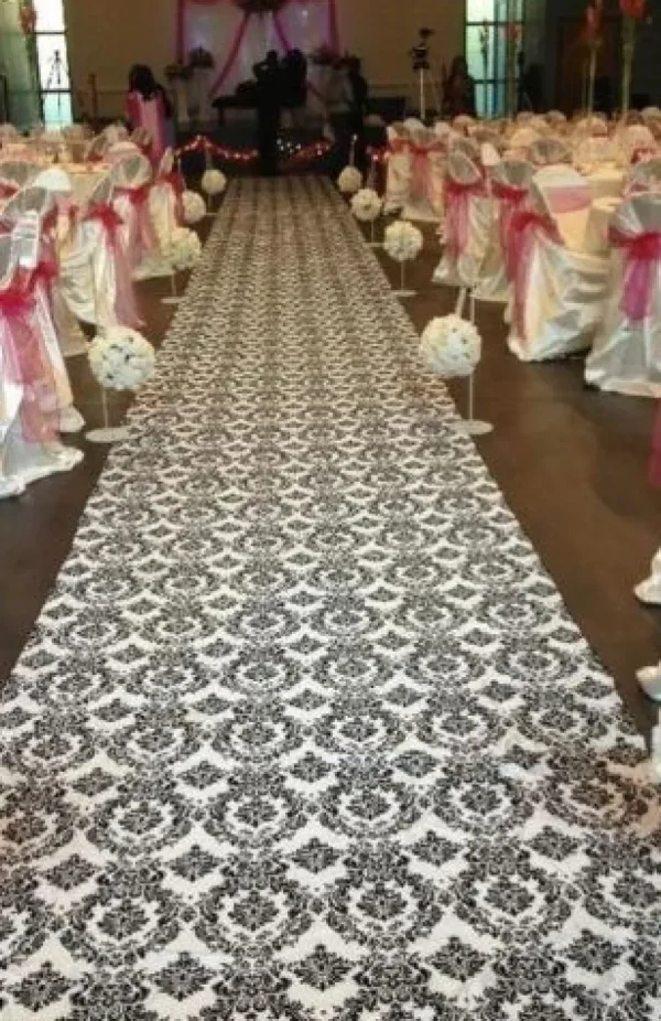 Online Tablecloth Market 100 ft Flocking Damask Taffeta Wedding Aisle Runner Black White Flocked Fabric"