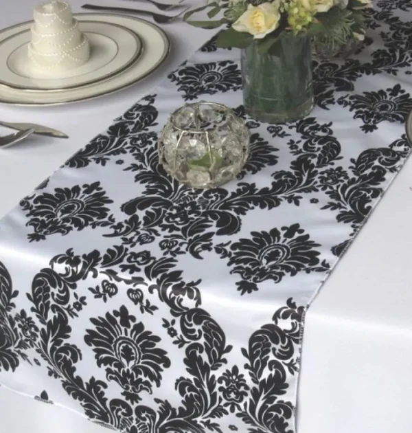 New Tablecloth Market 12 Pack Flocked Taffeta Damask 12" X 108" Top Table Runner Black White Wedding"