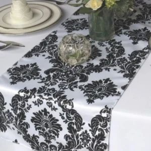 Online Tablecloth Market 10 Pack Flocked Taffeta Damask 12" x 108" Top Table Runner Black White Wedding "