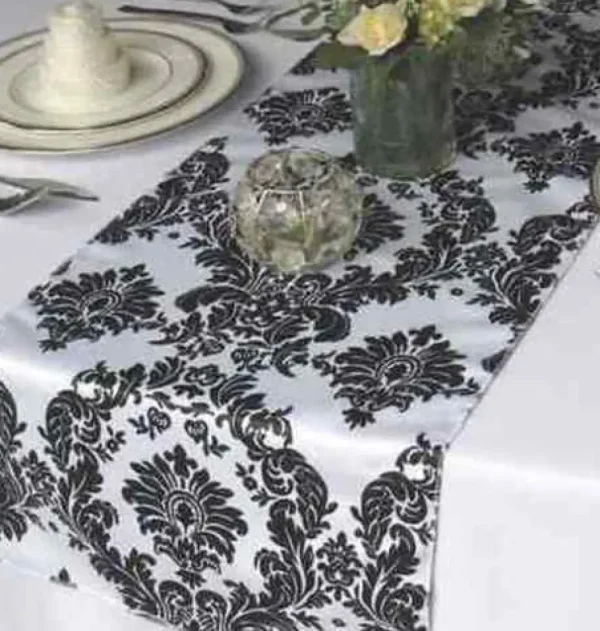 Hot Tablecloth Market 40 Pack Flocked Taffeta Damask 12" x 108" Top Table Runner Black White Wedding"