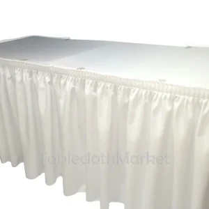 Clearance Tablecloth Market 14' White Polyester Pleated Table Skirt Skirting Wedding Trade Show Booth